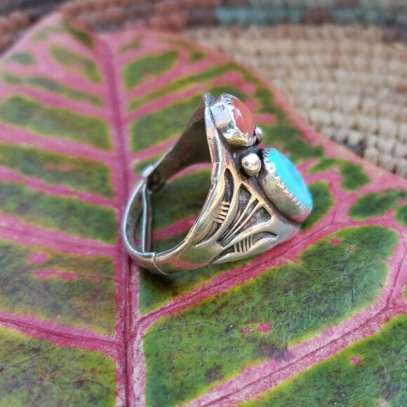 Vintage NA Turquoise Coral Native American Sterling Silver Ring Signed AR RR - Picture 6 of 15
